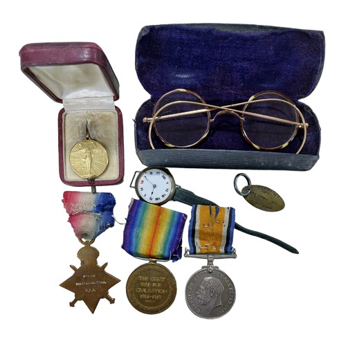 48 - WWl Medal Trio + Medal For The Heroes, Glasses, Key ring and Silver Cased Watch (AF). W-1494 R.J. Ra... 