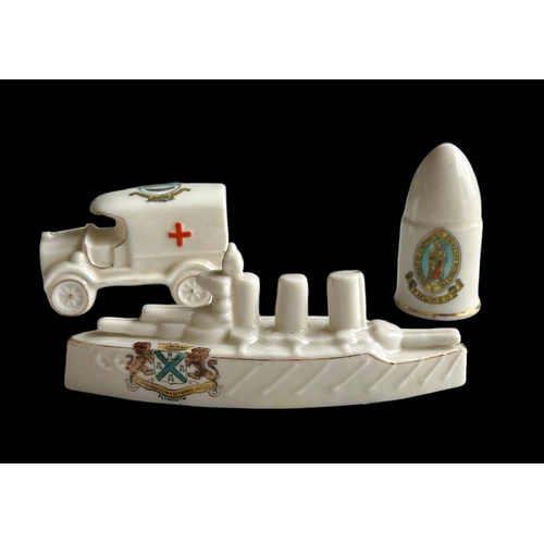 128 - Crested Ware Battleship HMS Lion & WWI Ambulance & Shell
Size Battleship 14cm x 5.6cm, Ambulance 8.2... 