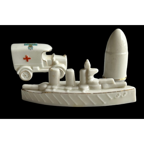 128 - Crested Ware Battleship HMS Lion & WWI Ambulance & Shell
Size Battleship 14cm x 5.6cm, Ambulance 8.2... 