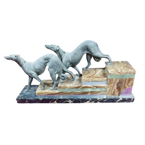 313 - 2 Spelter Hound Figures On Marble Steps