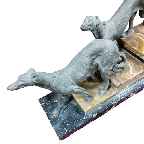 313 - 2 Spelter Hound Figures On Marble Steps