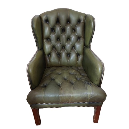 316 - Green Leather Chesterfield Wing Back Chair