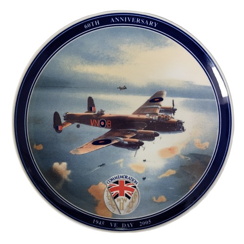 325 - 3 VE Day 60th Anniversary Commemorative Wedgwood Plates 1945-2005 Depicting Lacaster, Hurricane and ... 