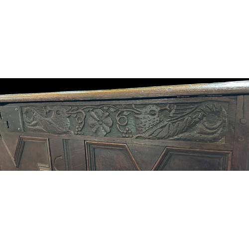 358 - Late 17th Century Panelled Carved Oak Coffer Dated 1699