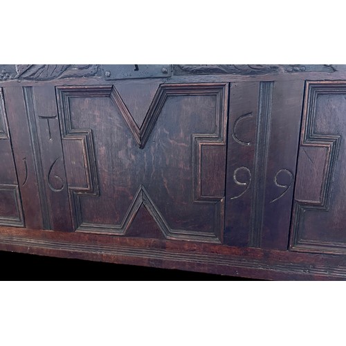 358 - Late 17th Century Panelled Carved Oak Coffer Dated 1699