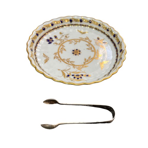 29 - 18th Century Caughley Dish 14cm Dia. and a Pair of Silver Sugar Tongs Sheff. 1915