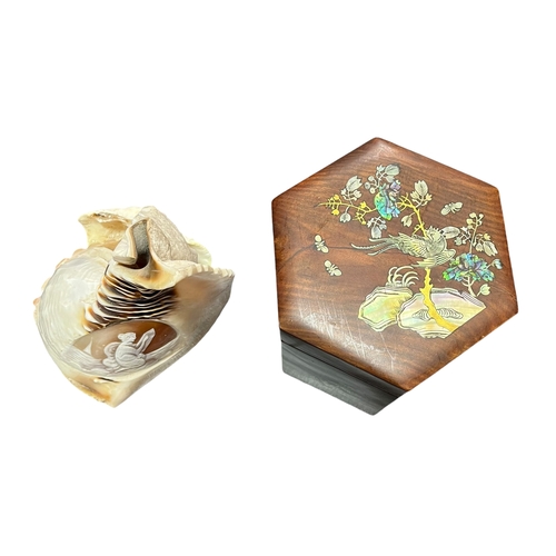 111 - Octagonal Wooden Box with Mother of Pearl Inlay and A Carved Shell.