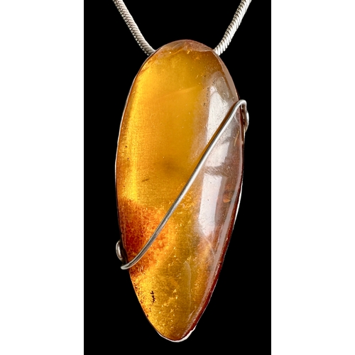 125 - Large Silver & Amber Pendant/Necklace Length 24cm Pendant 6.5cm x 2.7cm