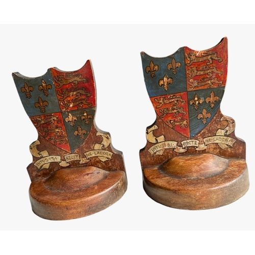 177 - Weighted Pair Of Carved Hand Painted Bookends For Shrewsbury School Size 16.4cm x 7.4cm