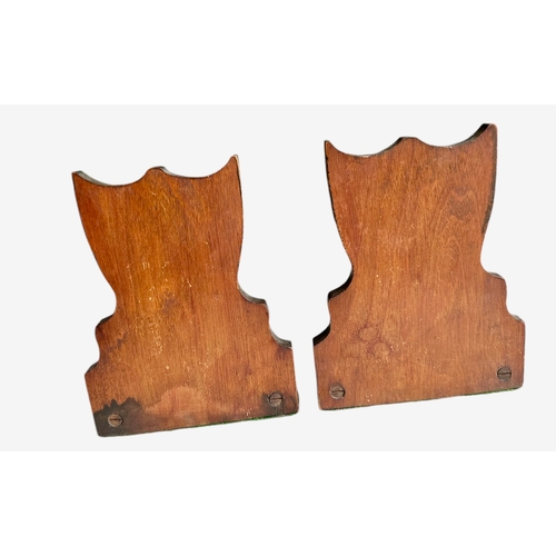 177 - Weighted Pair Of Carved Hand Painted Bookends For Shrewsbury School Size 16.4cm x 7.4cm