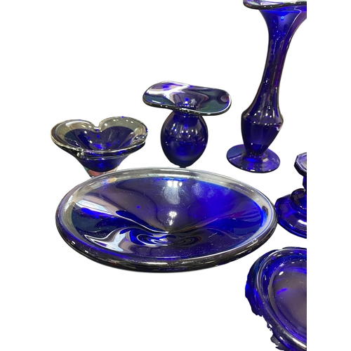 207 - A Collection of Blue Glass , incl. Candlestick , Contolled Bubble Dish , Vases etc.