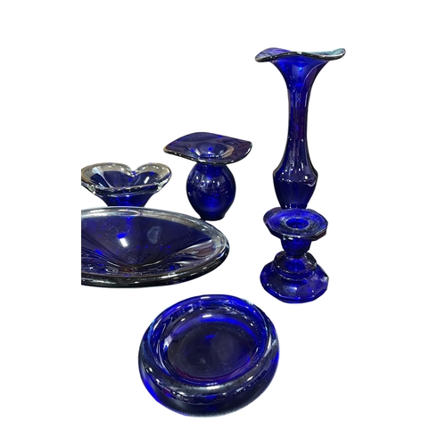 207 - A Collection of Blue Glass , incl. Candlestick , Contolled Bubble Dish , Vases etc.