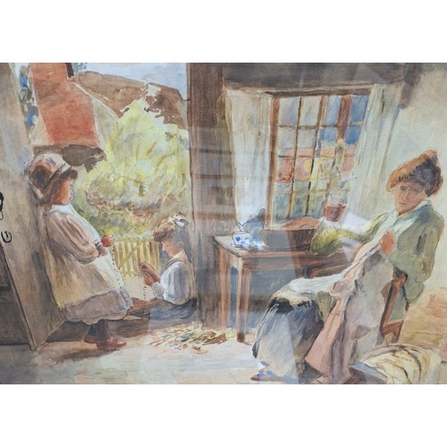 244 - Water Colour Depicting Woman Sewing Whilst Children Sit In Sunshine By Door (Unknown Artist - Liskea... 