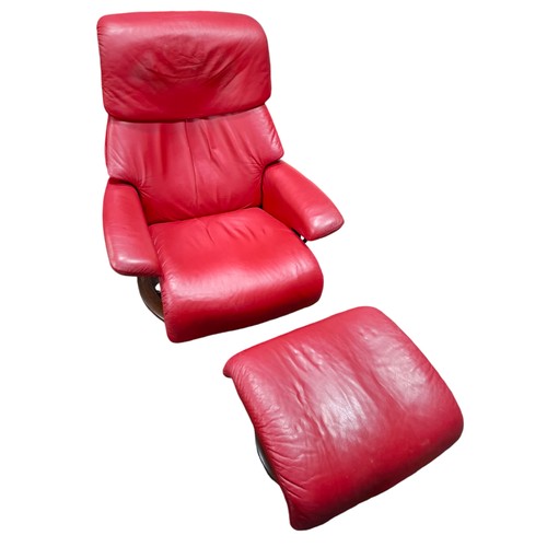 279 - Ekornes Stressless Reclining Red Leather Chair And Matching Foot Stool Plus An Additional Ekornes St... 