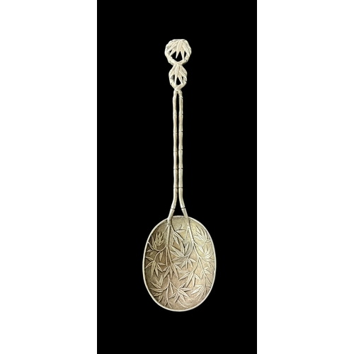 405 - large Bamboo Pattern White Metal Spoon Tests as Silver.With Monogram Mark