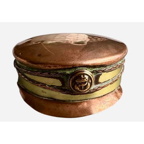 36 - WWI Trench Art Copper & Brass Snuff Box In The Form Of A Naval Cap