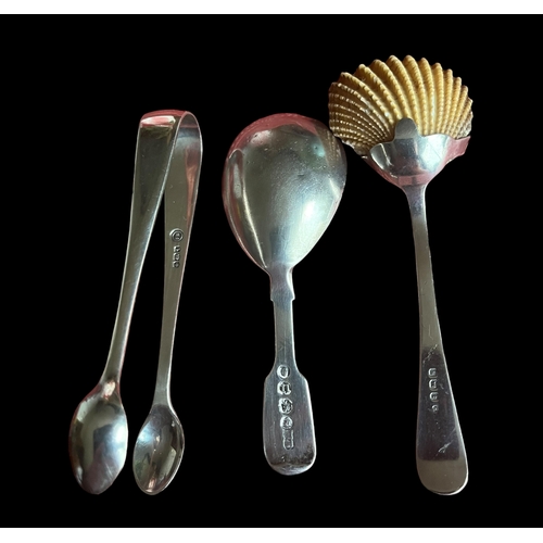 272 - William IV Silver Caddy Spoon , Silver Caviar Spoon & A Set of Silver Sugar Tongs.