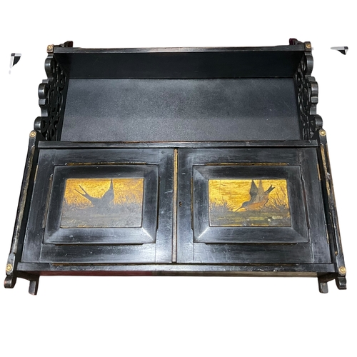 418 - Aesthetic Movement Ebonised Wall Cabinet With Gilded Panels Painted With Birds