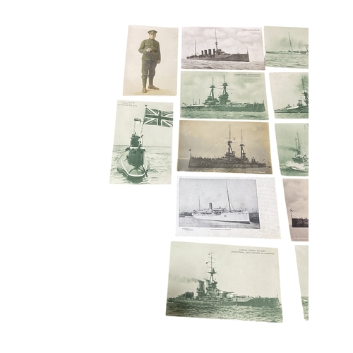 455 - A Collection Of Postcards 16 Royal Navy Ships / Submarines , WWI Battle Field etc