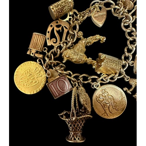 501 - A Good Vintage 9ct Gold Charm Bracelet 15 9ct Gold Charms and 1 Georgian 22ct Guinea (worn). Total w... 