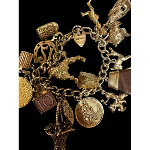 501 - A Good Vintage 9ct Gold Charm Bracelet 15 9ct Gold Charms and 1 Georgian 22ct Guinea (worn). Total w... 