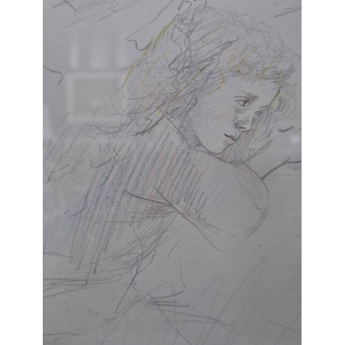 227 - Untitled Framed Pencil Sketch of Thoughtful Girl - G. Ovenden