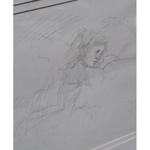 227 - Untitled Framed Pencil Sketch of Thoughtful Girl - G. Ovenden