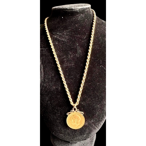 373 - 9ct Gold Chain With Attached 1911 Full Sovereign Chain Length 38cm