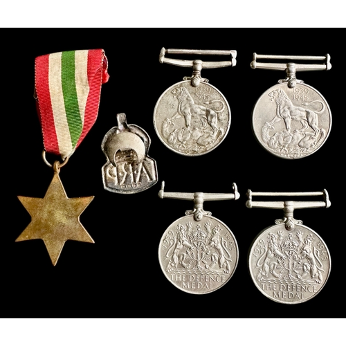 387 - 2 x Defence Medals , 2 x 1939-1945 War Medals, Africa Star & Silver ARP Badge