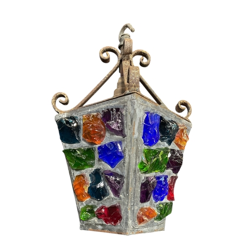 90 - Mid Century Peter Marsh Leaded Glass & Wrought Iron Lantern.