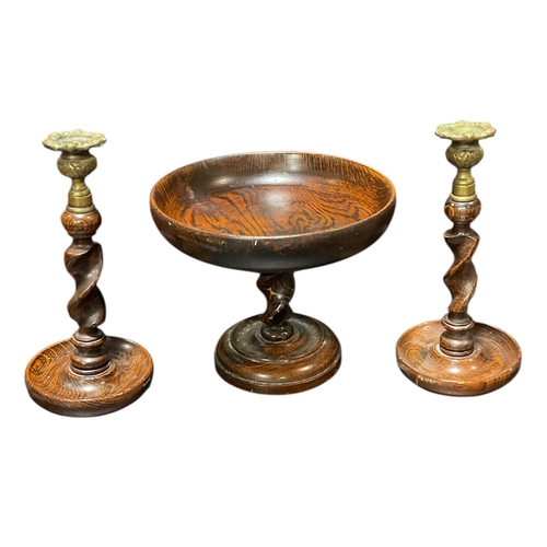 96 - An Oak Barley Twist Tazza & A Pair of Oak Barley Twist Candlesticks.