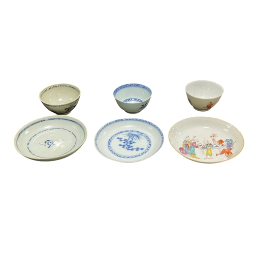 108 - 3 Chinese Tea Bowls & Saucers Incl. Tek Sing , Nanking & a Polychrome Example with Oriental Figures.