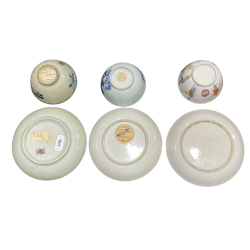 108 - 3 Chinese Tea Bowls & Saucers Incl. Tek Sing , Nanking & a Polychrome Example with Oriental Figures.