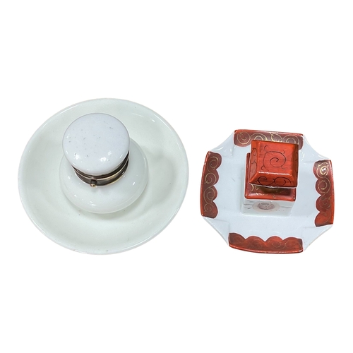 109 - Pair of Ceramic Inkwells: Early 20th Century English Porcelain Push Button Inkwell and One Decorated... 