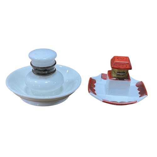 109 - Pair of Ceramic Inkwells: Early 20th Century English Porcelain Push Button Inkwell and One Decorated... 