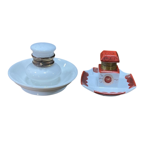 109 - Pair of Ceramic Inkwells: Early 20th Century English Porcelain Push Button Inkwell and One Decorated... 