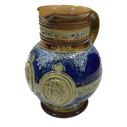 121 - Doulton Lambeth stoneware jug commemorating Queen Victoria's Diamond Jubilee in 1897. Jane Hurst.