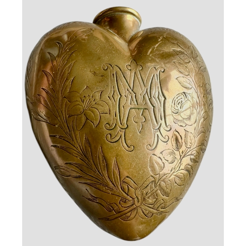 196 - Large Antique Brass Sacred Heart Holy Water Vessel With Engraved Decoration Size 16cm x 8cm x 2cm