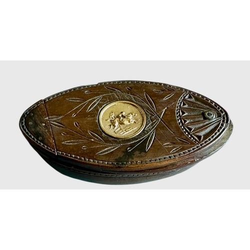 198 - Antique Carved Treen Snuff Box With Equestrian Insert Size 9cm x 4.4cm x 3cm
