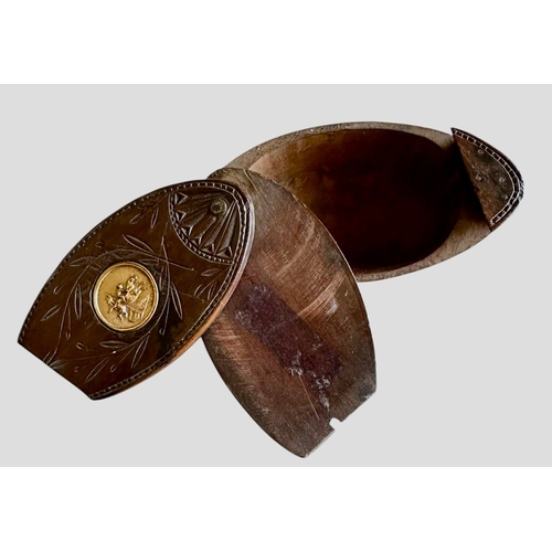 198 - Antique Carved Treen Snuff Box With Equestrian Insert Size 9cm x 4.4cm x 3cm