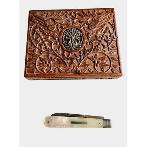 214 - Anglo-Indian Carved Stamp Box 10.3cm x 8.3cm x 2.4cm & A Silver Fruit Knife 13cm x 1.2cm