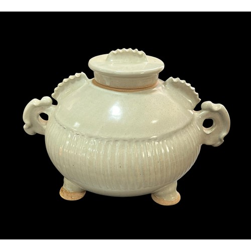 222 - Chinese Style Celadon Lidded Vessel 26cm Dia 18cm Tall , Janet Hamer Studio Pottery.