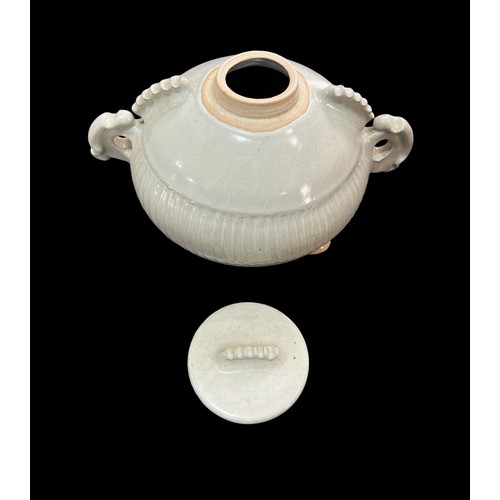 222 - Chinese Style Celadon Lidded Vessel 26cm Dia 18cm Tall , Janet Hamer Studio Pottery.
