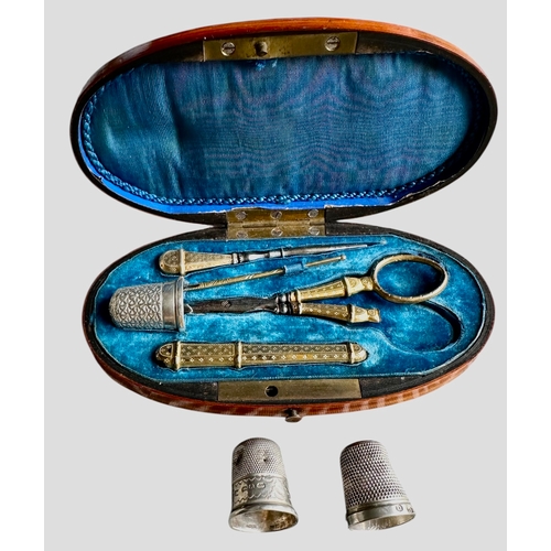 254 - Antique Etui Sewing Kit Cased A/F With 3 Silver Thimbles