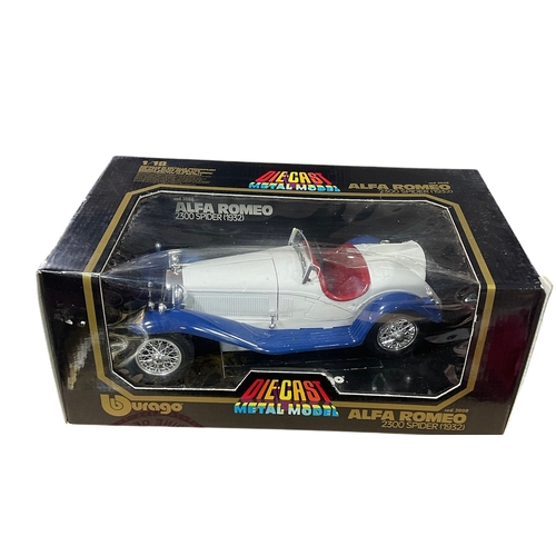 128 - Bburago 1:18 Scale Model of a 1932 Alfa Romeo 2300 Spider in white and blue.