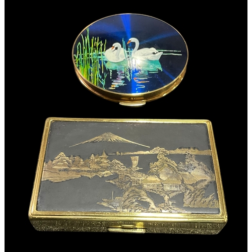 272 - Vintage Japanese damascene musical compact clover & A Stratton Compact decorated with Swans.
