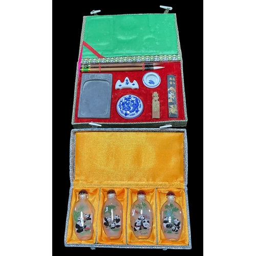 276 - Vintage Chinese Calligraphy Writing Set & 4 Chinese reverse -painted glass snuff bottles