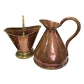 Copper Haystack Jug & Copper and Brass Helmet Shaped Coal Scuttle.