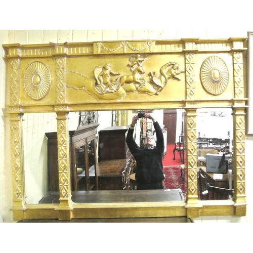 16 - Regency design gilt framed triple bevelled overmantle mirror with shell ribbon and figured decoratio... 