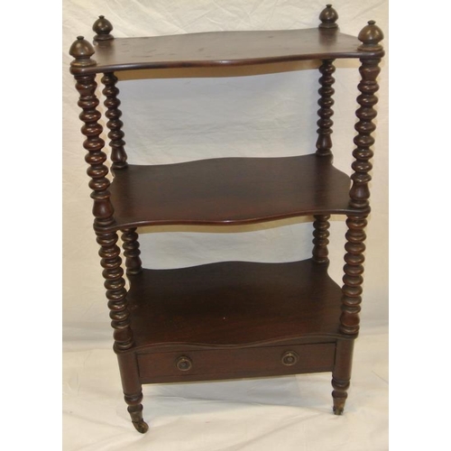 31 - Victorian mahogany 3-tier whatnot with serpentine borders, bun turned columns, drawer under with dro... 